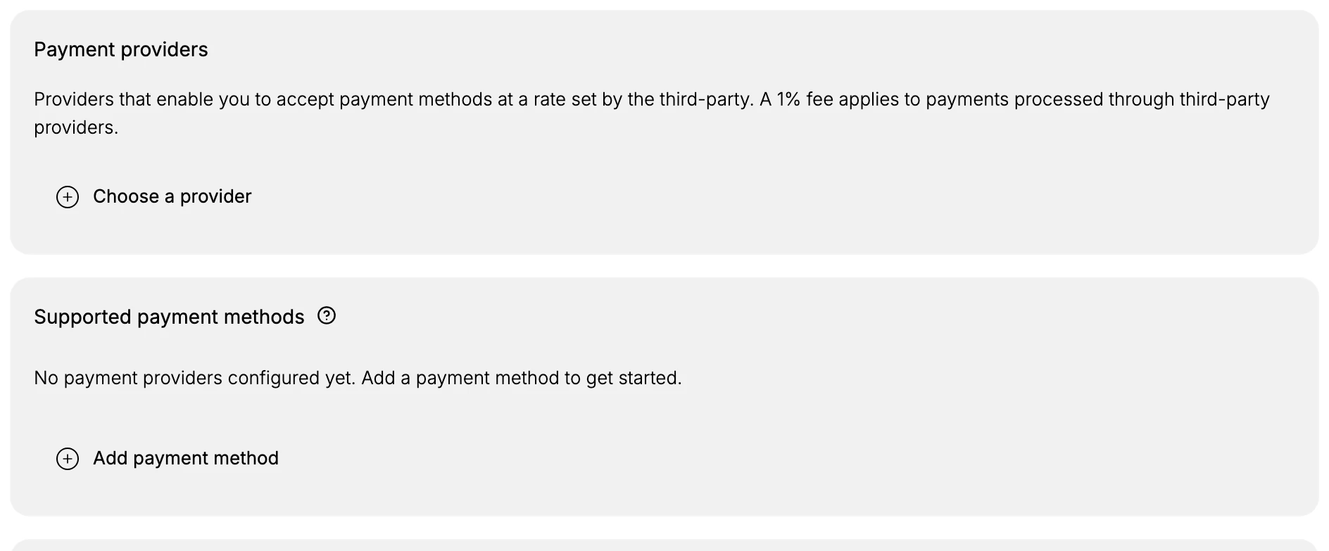 The Payments page with a Payment providers section offering Choose a provider, and a Supported payment methods section reading that no payment providers are configured yet, with an Add payment method control.